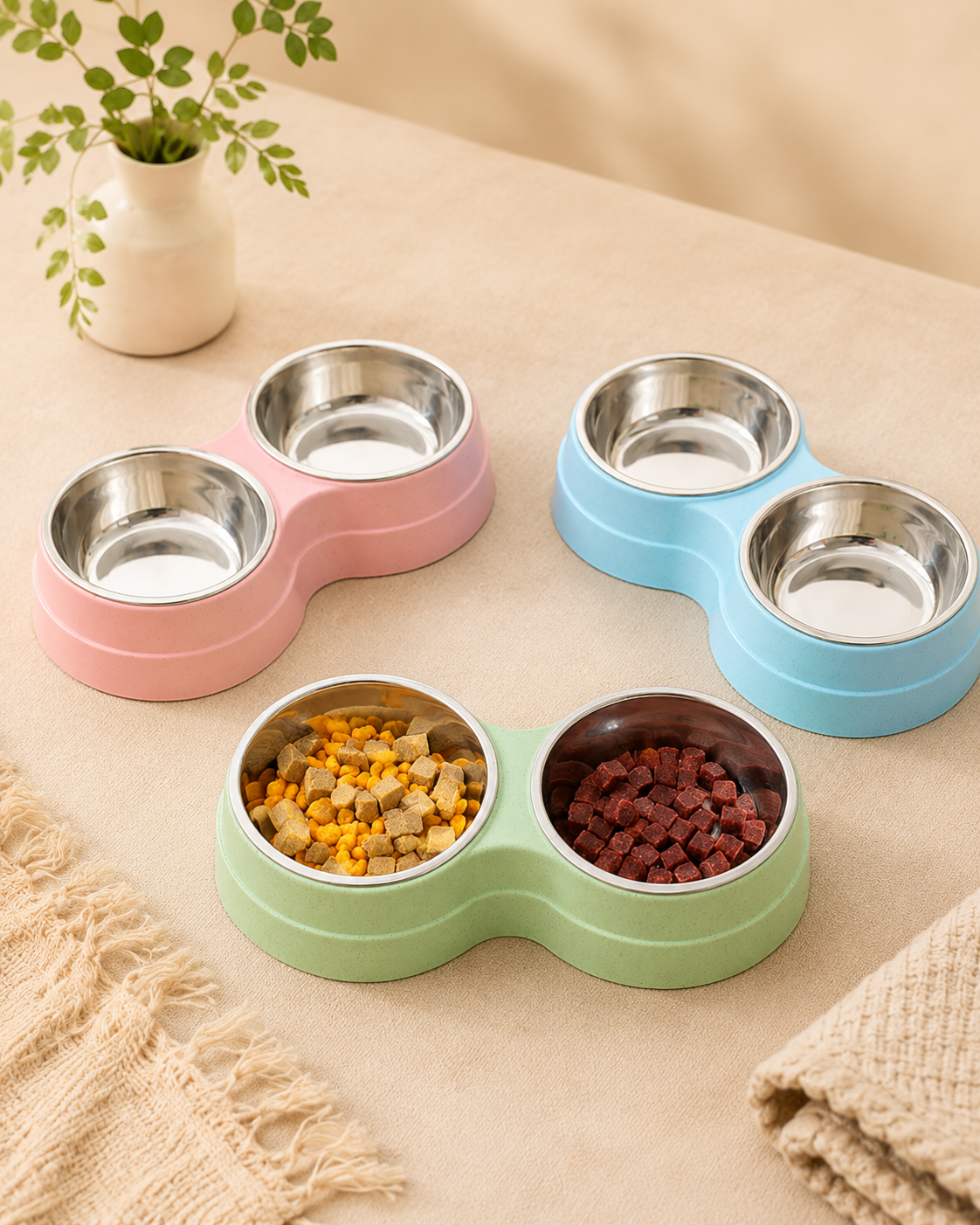 Double Pet Bowls Food Water Feeder Stainless Steel